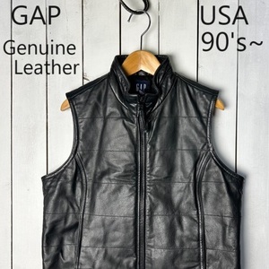 USA古着 美品 90s～ GAP 本革 中綿レザーベスト S程度 黒 オールド ギャップ ヴィンテージ アメリカ古着 牛革 秋冬 ユニセックス ●73