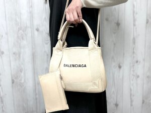 極美品 BALENCIAGA バレンシアガ ネイビーカバス XS ハンドバッグ ショルダーバッグ バッグ レザー×キャンバス ベージュ 2WAY 79718Y