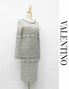 HGA-R251/VALENTINO セットアップ 長袖ニットカットソー ブラウス ひざ丈スカート ウエストゴム ストレッチ 薄手 総柄 M オフホワイト