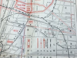 ma26【地図】京都 大阪 奈良 昭和28年 市電 阪神北大阪線 浪花座 中座 角座 歌舞伎座 大劇 丸物 東山ダンスホール 近鉄油阪駅 出口池三條池