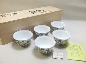 ★洛東清水焼 平安 京泉 造 色入花鳥 湯呑 5客揃 共箱 未使用 展示品★ F991 Kiyomizu-yaki teacup Japan made