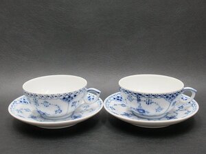 D0155 ロイヤルコペンハーゲン ブルーフルーテッド ハーフレース ティー カップ＆ソーサー 2客 ROYAL COPENHAGEN