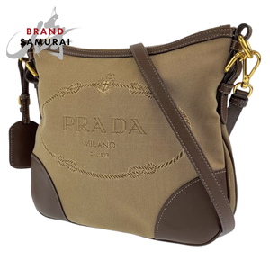 美品 PRADA プラダ ロゴジャガード 男女兼用 ベージュ 薄茶色 ブラウン 茶 キャンバス ショルダーバッグ 斜め掛け レディース 405793