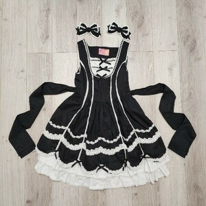 美品 Angelic Pretty 黒×ホワイト 編み上げ薔薇レースジャンパースカート&ヘアリボン２個 