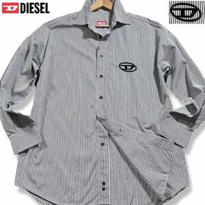 未使用級/XXLサイズ●現行タグ DIESEL ディーゼル 長袖シャツ 羽織り オーバーサイズ ゆったり コットン ストライプ Dロゴ刺繍 ネイビー 3L