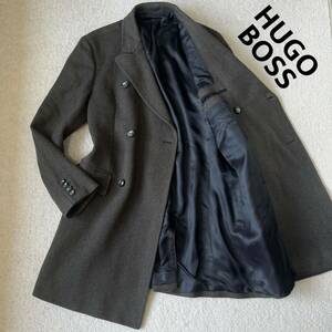 XLサイズ/美品◎ HUGO BOSS 【極上のカシミヤ混】 ヒューゴボス ダブル チェスターコート ヘリンボーン ロング ウール 50 アウター メンズ