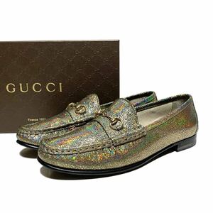 ☆良品 GUCCI グッチ クラック加工 レザー シルバー ビットローファー シューズ size 36.5 イタリア製 革靴 パンプス スリッポン モカシン