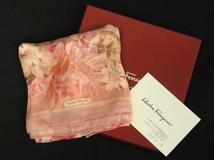 1円 ■新品同様■ Salvatore Ferragamo フェラガモ シルク100% 花 フラワー ストール ショール ピンク系 FL1002