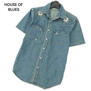 HOUSE OF BLUES ハウスオブブルース 春夏 スタッズ ラインストーン★ USED加工 半袖 デニム ウエスタン シャツ Sz.L　メンズ　A4T07084_6#A