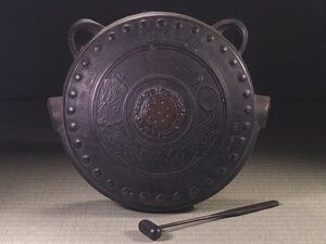 ∇花∇江戸時代の仏教鳴器 享保七年奉納 古銅鰐口 八葉蓮弁撞座