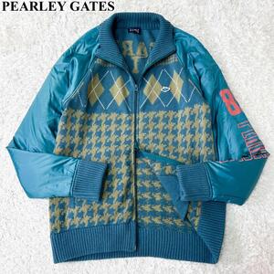 【極美品】PEARLEY GATES パーリーゲイツ XL 長袖ジップアップニットブルゾン 中綿ブルゾン アーガイル 千鳥格子 サイズ5 グリーン 毛