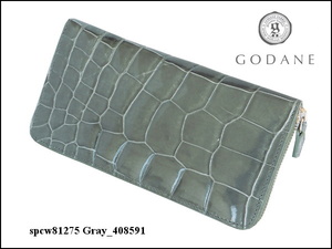 SALE★ゴダン GODANE特注 シャイニングクロコダイル革 内側イタリア製ヌメ革 ラウンドジッパー長財布 Gray/591 