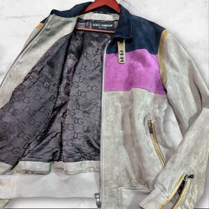 美品!! 希少 3XL!! DOLCE&GABBANA ドルチェ&ガッバーナ ドルガバ レザージャケット シープスキン 切り替え ライダース 裏地 総柄 メンズ