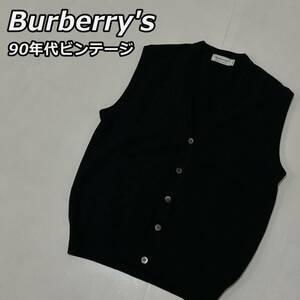 90年代【Burberrys】バーバリーズ 羊毛 ラムウール ニットベスト オープンタイプ C-TK83 三陽商会 黒 ブラック 90s VINTAGE ビンテージ