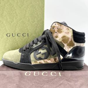 1円【未使用保管品】 GUCCI グッチ 【日本限定モデル】 インターロッキング メンズ スニーカー ハイカット 靴 カモフラ 迷彩 緑 6 25cm相当