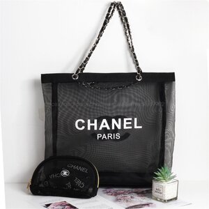 シャネル CHANEL ノベルティ トートバッグ プールバッグ ポーチ セット メッシュ 透かし チェーン 大きめ レディース ブランド 黒 非売品