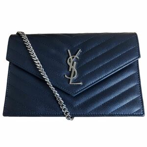 1円 サンローラン YSL チェーン ショルダーバッグ ネイビー 美品