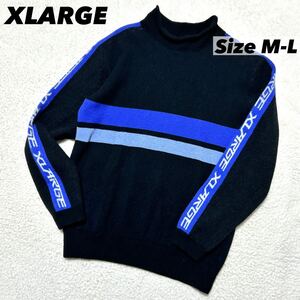 XLARGE エクストララージ ウール ニット セーター 編み込みアームロゴ モックネック ハイネック 【サイズM-L】 黒青 ブラック ブルー