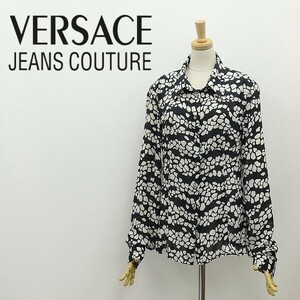 ◆VERSACE JEANS COUTURE ヴェルサーチ ジーンズ クチュール 総柄 メデューサボタン シフォン 長袖 シャツ ブラウス ブラック×ホワイト M