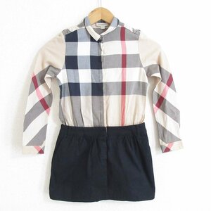 美品 BURBERRY バーバリー キッズ 子供服 メガチェック柄 ノバチェック ウエスト切り替え 長袖 ワンピース 8Y ベージュ×ブラック ◆