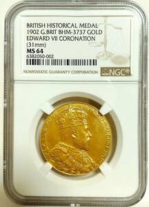 希少な高鑑定 1902年 英国 イギリス エドワード7世 戴冠式 金メダル ゴールドメダル NGC MS64 31mm BHM-3737 アンティークコイン