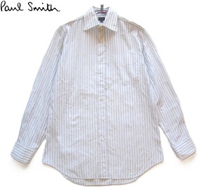 高級!!ポールスミス Paul Smith LONDON*ストライプ柄ドゥエボットーニドレスシャツ M 白×グレー