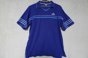 adidas/アディダス/半袖ポロシャツ/スキッパー襟/青白ラインテープ/白パイピング/裾サイドスリット/スポーツ/カジュアル/青/ブルー(7/17R)