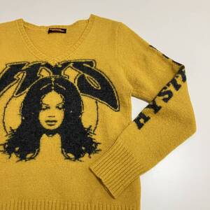 90s 00s HYSTERIC GLAMOUR 袖 ロゴ ガール Vネック ニット セーター イエロー Fサイズ ヒステリックグラマー Y2K VINTAGE archive 4090326