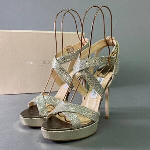 2l25 《美品》 JIMMY CHOO ジミーチュウ グリッター ストラップヒールサンダル 38 1/2 レザー ラメ セレモニー パンプス イタリア製