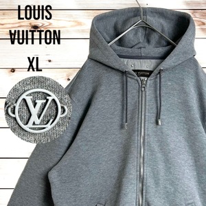 ☆人気デザイン☆Louis Vuitton ワンポイントロゴ パーカー XL ルイヴィトン グレー ジップアップ フルジップ ZIP フード メタルロゴ 長袖