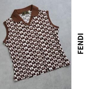 美品 FENDI フェンディ ニットベスト ノースリーブ ロゴ総柄 襟付き 鹿の子編み ポロベスト コットン 40