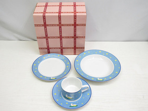 ★YC5147　未使用品　Romantic garden　洋食器　4点セット　アヒル　ブルー　プレート　深皿　中皿　カップ　ソーサー　送料無料★