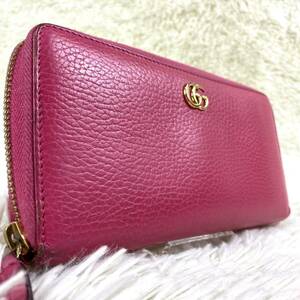 1円 美品 GUCCI グッチ 456117 GGマーモント レザー ラウンドファスナー 長財布 ウォレット 札入れ 小銭入れ レディース ピンク系 