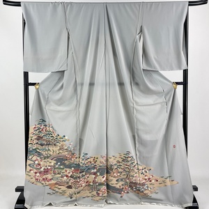 色留袖 身丈174.5cm 裄丈67.5cm 未仕立て 仮絵羽 落款 松竹梅 家屋 灰色 正絹 秀品 【中古】