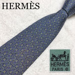 ■良品■HERMES エルメス　ネクタイ　金具　総柄　シルク100% フランス製　ネイビー系　ビジネス