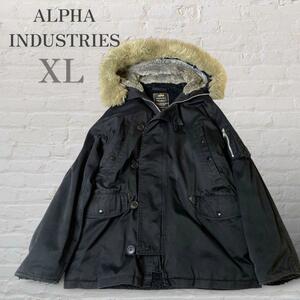 【大きいサイズ】ALPHA INDUSTRIES　アルファインダストリーズ N-3B フライトジャケット XL USA　フーデットジャケット 黒　BLACK ファー