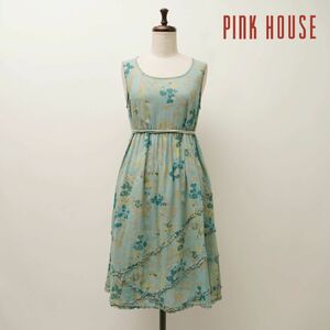 美品 PINK HOUSE ピンクハウス 苺柄 うさぎ柄 ノースリーブコットンフレアワンピース 膝丈 裏地無し レディース 緑 グリーン サイズS*KC774