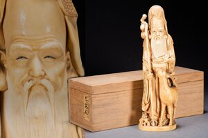 【善古堂】某有名オークション買入 江戸～明治時代物 特殊白材 最高級芯彫 秀山在銘 巨大寿老人造像1.55㎏ 共箱 豪華芯料使用 1225-139S18