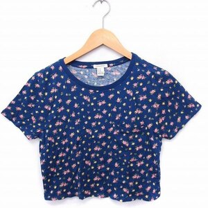 フォーエバー21 FOREVER21 Tシャツ カットソー 花柄 丸首 半袖 クロップド丈 コットン 綿 M ブルー 青 /FT49 レディース