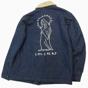 ◇MARK GONZALES 裏ボア デニム コーチジャケット 中綿入り インディゴブルー バックプリント マークゴンザレス メンズ 1円スタート