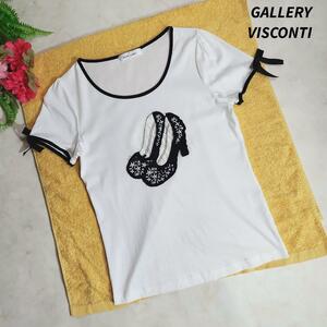 GALLERY VISCONTI 刺繍&ビーズ飾り Tシャツ 白 袖口リボン飾り83568