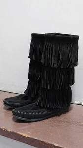 MINNETONKA Calf 3-Layer Fringe Boot 3段フリンジ スウェードレザー ロング ブーツ ブラックUS6 約23.5cm ミネトンカ