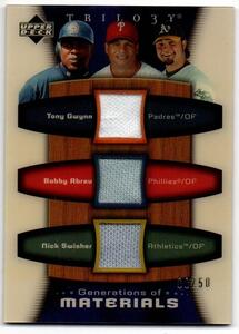 【TONY GWYNN & BOBBY ABREU & NICK SWISHER】2005 UPPER DECK Trilogy Generations of Materials Triple[08/50]