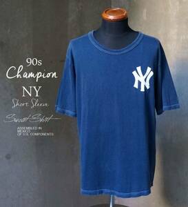 90s メキシコ製 青タグ チャンピオン Champion NYヤンキース 半袖 スウェット シャツ M L相当 