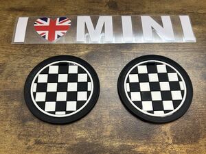 新品 約70mm BMW MINI ドリンク コースター 2枚セット I LOVE MINI ステッカー 付 黒 白 ミニクーパー ドリンクホルダー チェック柄