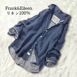 46 【Frank&Eileen】 麻 リネン 100％ ドット 長袖 スキッパー シャツ ブラウス XS 紺色 ネイビー 総柄 USA製 BARRY フランク&アイリーン