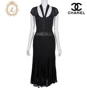 【返品可】CHANEL シャネル ロゴボタン 半袖 ワンピース 36 黒 ドレス スカート トップス ブランド アパレル