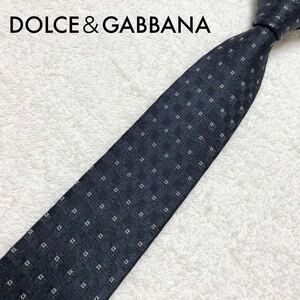 ■美品■Dolce&Gabbana ドルチェ＆ガッバーナ　ナロータイ ネクタイ　格子　スクエアドット　総柄　シルク100% イタリア製　ダークネイビー