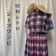 ◎昭和レトロワンピース ピンクチェック柄◎半袖プリーツ日本製vintage美品