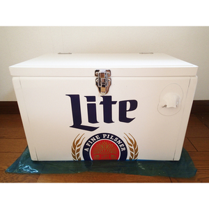 Miller Lite Cooler Box Wood Lid Bottle Opener Stainless Steel ミラー ライト クーラー ボックス ウッド ステンレス キャンプ 白 訳あり